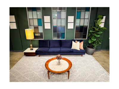 Joaquim Tenreiro Sofa in Hardwood Loose Cushions in Blue Fabric Joaquim Tenreiro 1950s