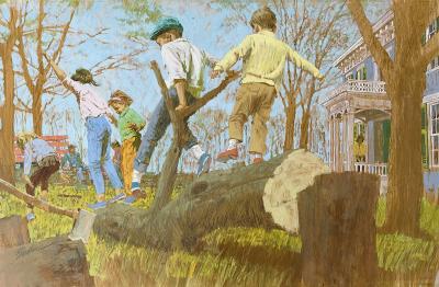 Joe Bowler The Tree Cutters Children Playing on a Fallen Tree Saturday Evening Post 