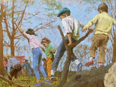 Joe Bowler The Tree Cutters Children Playing on a Fallen Tree Saturday Evening Post 