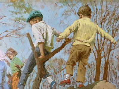 Joe Bowler The Tree Cutters Children Playing on a Fallen Tree Saturday Evening Post 