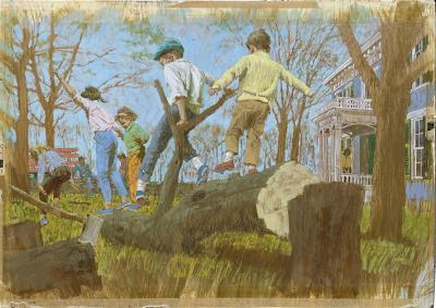Joe Bowler The Tree Cutters Children Playing on a Fallen Tree Saturday Evening Post 