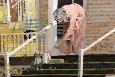 Joe Bowler Woman on Porch Feed Her Cats at Early Morning Light
