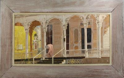 Joe Bowler Woman on Porch Feed Her Cats at Early Morning Light
