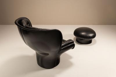 Joe Colombo Elda Chair by Joe Colombo and Mario Brunu Pouf in Black Leather for Comfort
