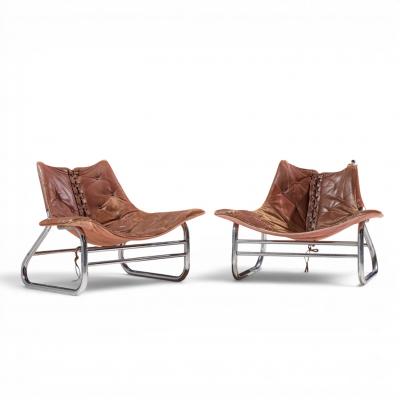 Johan Bertil H ggstr m Johan Bertil H ggstr m Swed Form Swedish Leather Chrome Corset Chairs Pair