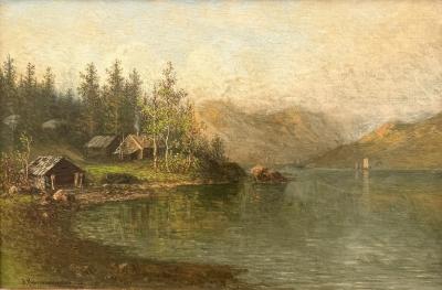 Johan Christian Olsen Hammerstad Norwegian Lakeside Landscape 
