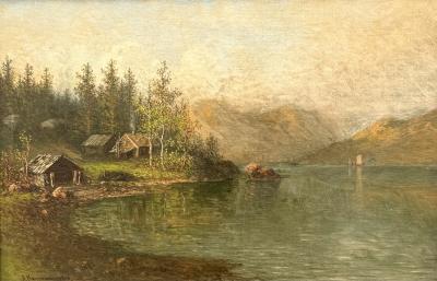Johan Christian Olsen Hammerstad Norwegian Lakeside Landscape 