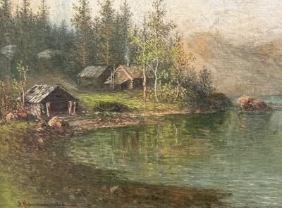 Johan Christian Olsen Hammerstad Norwegian Lakeside Landscape 