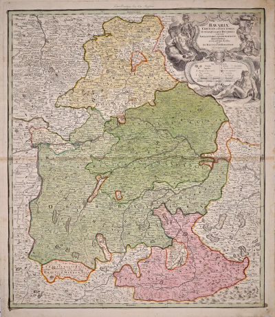Johann Baptist Homann Hand Colored 18th C Homann Map of Bavaria Portions of Austria and Switzerland