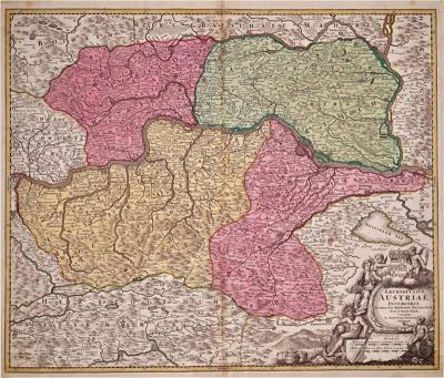 Johann Baptist Homann Hand Colored 18th Century Homann Map of Austria Including Vienna and the Danube