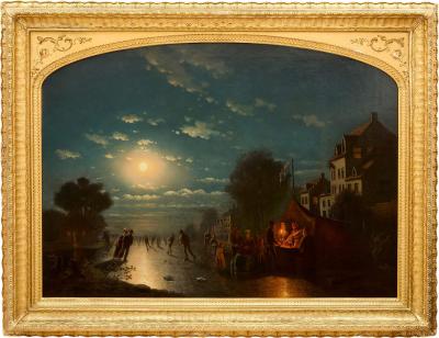 Johann Mongels Culverhouse Antique Dutch oil painting of an ice skating scene by Culverhouse