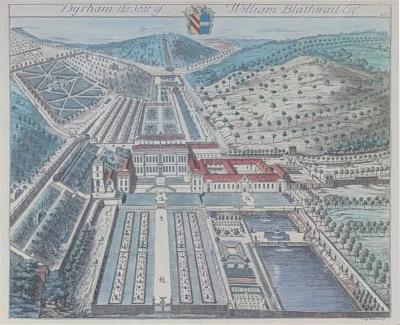 Johannes Kip Antique Hand Colored Architectural Print of Dyhram Trowbridge Collection