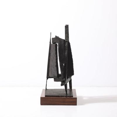 John Balossi Mid Century Torch Cut Steel Brutalist Sculpture on Walnut Signed John Balossi