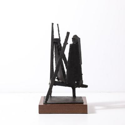 John Balossi Mid Century Torch Cut Steel Brutalist Sculpture on Walnut Signed John Balossi