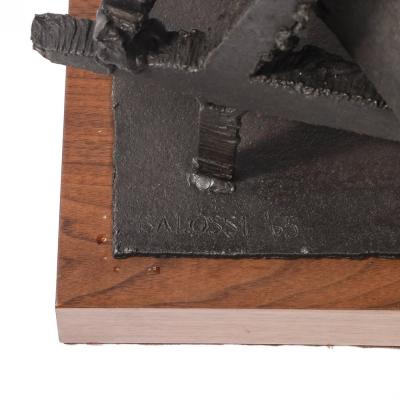 John Balossi Mid Century Torch Cut Steel Brutalist Sculpture on Walnut Signed John Balossi