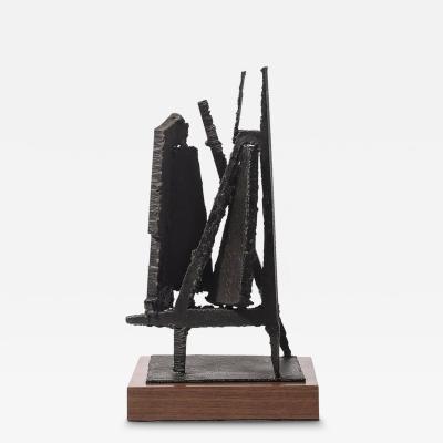 John Balossi Mid Century Torch Cut Steel Brutalist Sculpture on Walnut Signed John Balossi