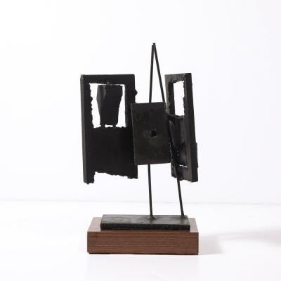 John Balossi Mid Century Torch Cut Steel Brutalist Sculpture on Walnut signed John Balossi