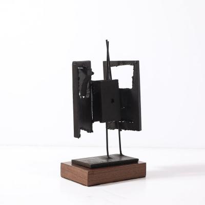 John Balossi Mid Century Torch Cut Steel Brutalist Sculpture on Walnut signed John Balossi