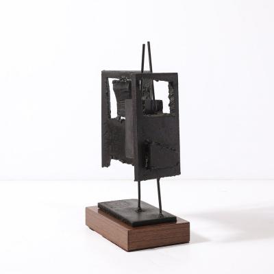 John Balossi Mid Century Torch Cut Steel Brutalist Sculpture on Walnut signed John Balossi