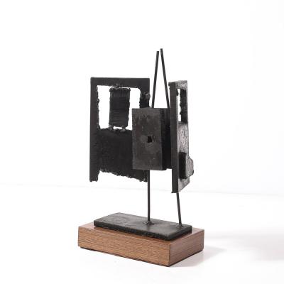 John Balossi Mid Century Torch Cut Steel Brutalist Sculpture on Walnut signed John Balossi