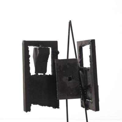 John Balossi Mid Century Torch Cut Steel Brutalist Sculpture on Walnut signed John Balossi