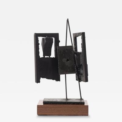 John Balossi Mid Century Torch Cut Steel Brutalist Sculpture on Walnut signed John Balossi