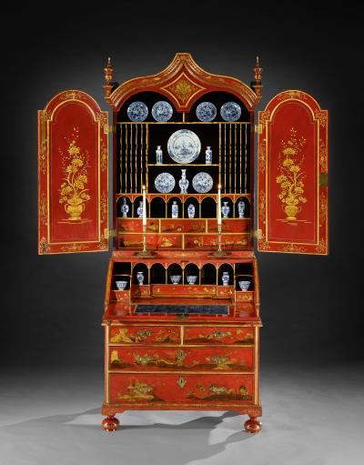 John Belchier A GEORGE I PERIOD SCARLET AND GILT JAPANNED BUREAU CABINET