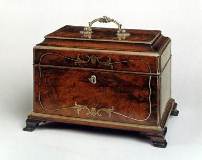 John Channon Rare Antique English Mahogany Brass Inlaid Tea Caddy in the Manner of Channon