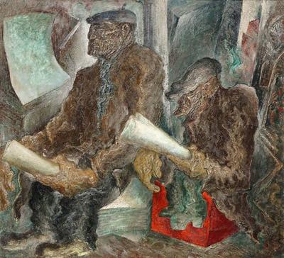John DeForest Stull WPA Style Scene of Working Men Seated with Newspapers by John Deforest Stull