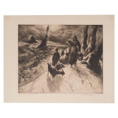John Edward Costigan Woman Boy and Goats Original Signed Etching by John E Costigan Circa 1930