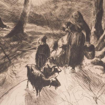 John Edward Costigan Woman Boy and Goats Original Signed Etching by John E Costigan Circa 1930