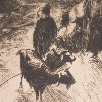 John Edward Costigan Woman Boy and Goats Original Signed Etching by John E Costigan Circa 1930