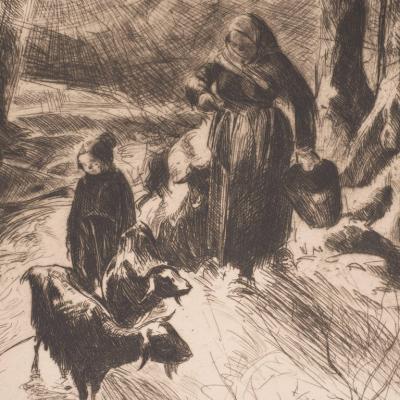 John Edward Costigan Woman Boy and Goats Original Signed Etching by John E Costigan Circa 1930