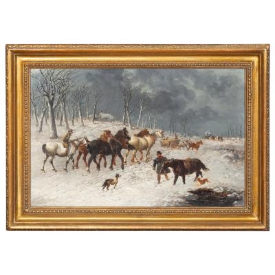 John Frederick Herring Framed Oil On Canvas Winter Horse Scene By John F Herring