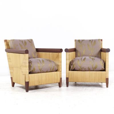 John Hutton John Hutton for Donghia Merbau Collection MCM Mahogany and Rattan Chairs Pair