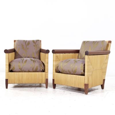 John Hutton John Hutton for Donghia Merbau Collection MCM Mahogany and Rattan Chairs Pair