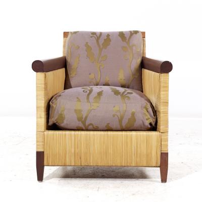 John Hutton John Hutton for Donghia Merbau Collection MCM Mahogany and Rattan Chairs Pair