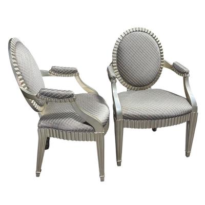 John Hutton Pair of John Hutton for Donghia Green Silk Silver Giltwood Grand Flute Chairs