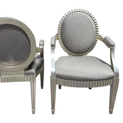 John Hutton Pair of John Hutton for Donghia Green Silk Silver Giltwood Grand Flute Chairs