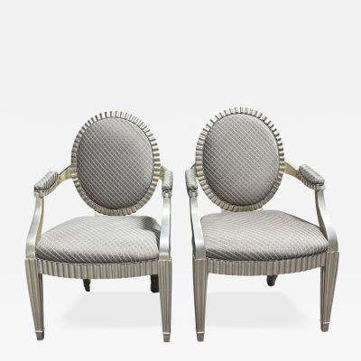 John Hutton Pair of John Hutton for Donghia Green Silk Silver Giltwood Grand Flute Chairs