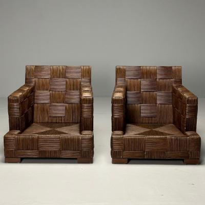 John Hutton Woven Cane Mahogany Oversized Lounge Chairs USA 1990s