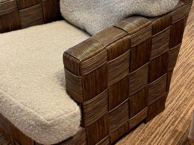 John Hutton Woven Cane Mahogany Oversized Lounge Chairs USA 1990s