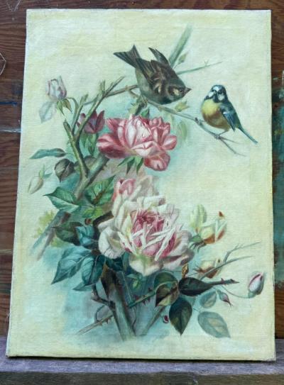 John James Audubon 19TH CENTURY ROSES BIRDS IN THE MANNER OF JOHN JAMES AUDUBON PAINTING