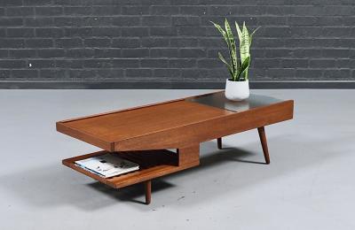 John Keal Californian Modern Coffee Table w Bookshelf Drink Tray by John Keal