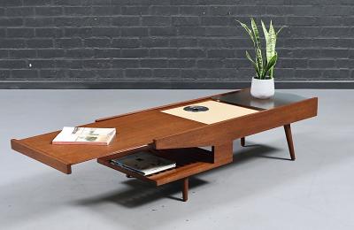 John Keal Californian Modern Coffee Table w Bookshelf Drink Tray by John Keal