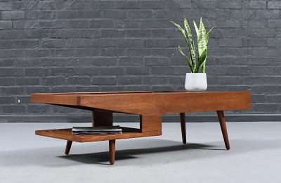 John Keal Californian Modern Coffee Table w Bookshelf Drink Tray by John Keal