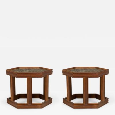 John Keal Pair Of John Keal Hexagonal Reverse Painted Glass And Oak Occasional End Tables