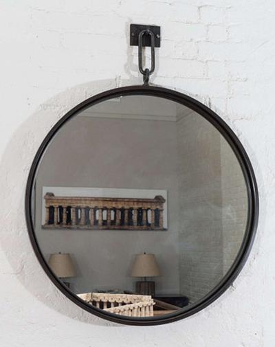 John McDevitt A 32 Patinated Steel Circular Pendant Mirror