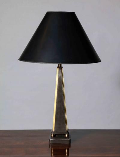 John McDevitt Pair of Pyramid Form Steel Table Lamps Gold Detail