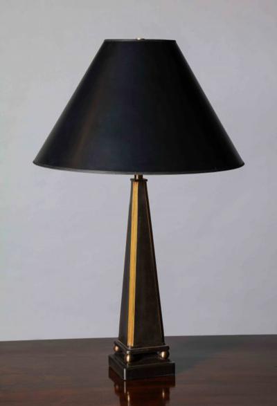 John McDevitt Pair of Pyramid Form Steel Table Lamps Gold Detail